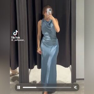 Zara Backless Satin Dress in Light Blue